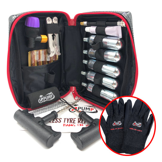 TYRE REPAIR KIT - ESSENTIAL TUBELESS CO2 KIT WITH 5 x 16G CARTRIDGES AND SAFETY MAINTENANCE GLOVES