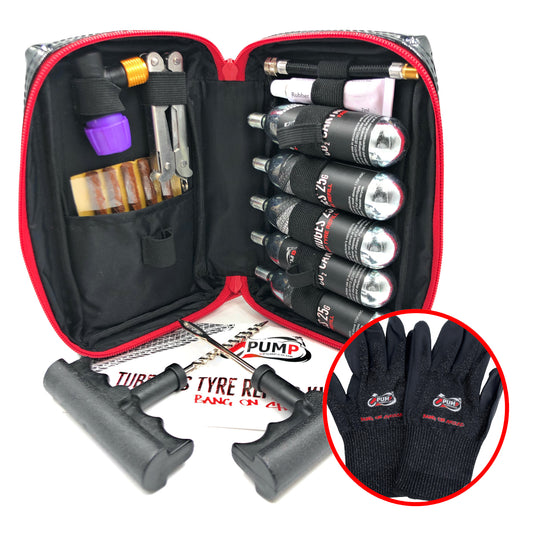 TUBELESS TYRE PUNCTURE REPAIR KIT BY UPUMP INCLUDING 5 x 25G CO2 CARTRIDGES AND SAFETY MAINTENANCE GLOVES